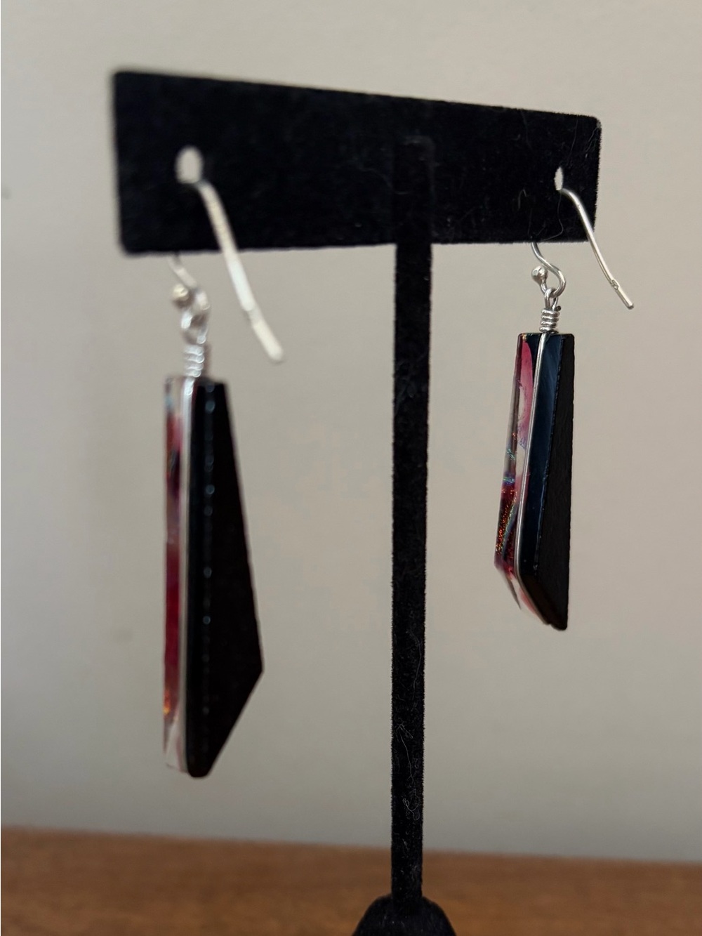 Artisan .925 Sterling Silver Multicolor Dichroic Glass Earrings, 2" drop - Picture 4 of 5